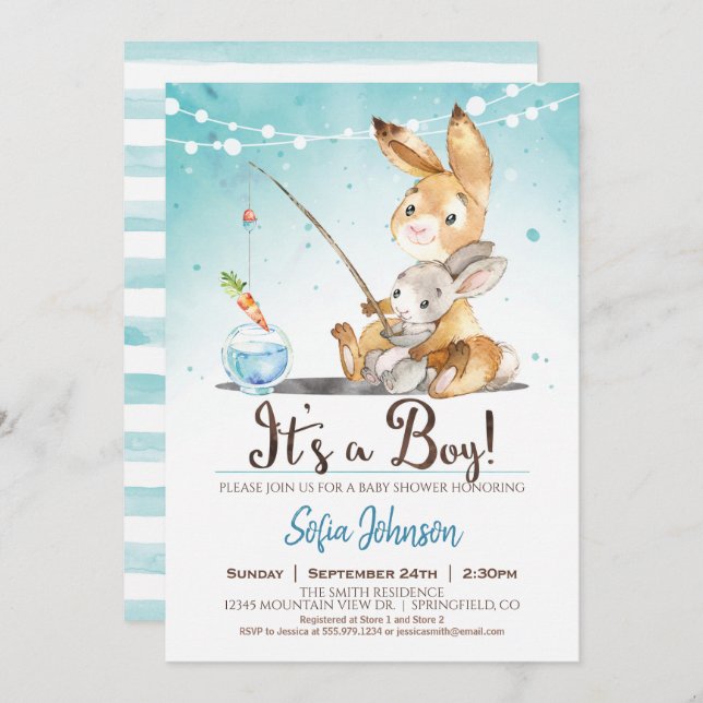 Bunny Rabbit Boy Baby Shower Blue Invitation (Front/Back)