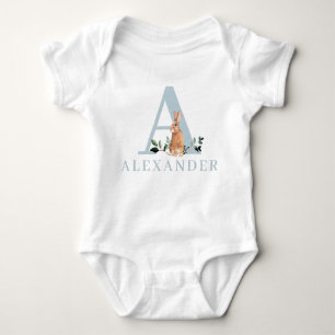 Bunny Rabbit   Boy First Birthday with Name Baby A Baby Bodysuit