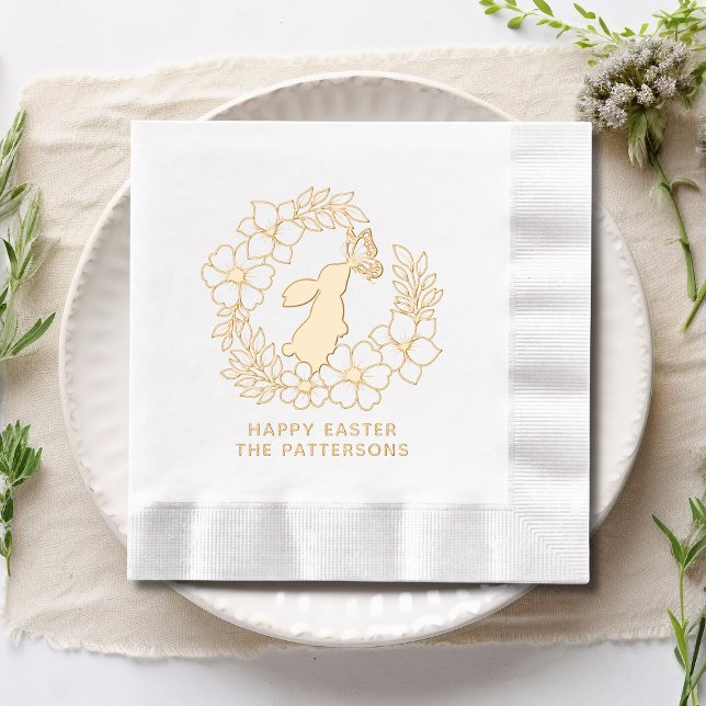 Bunny Rabbit Butterfly Floral Wreath Happy Easter Foil Napkins (Creator Uploaded)
