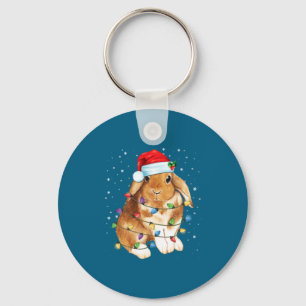 Bunny Rabbit Christmas Lights Santa Hat Funny Xmas Key Ring