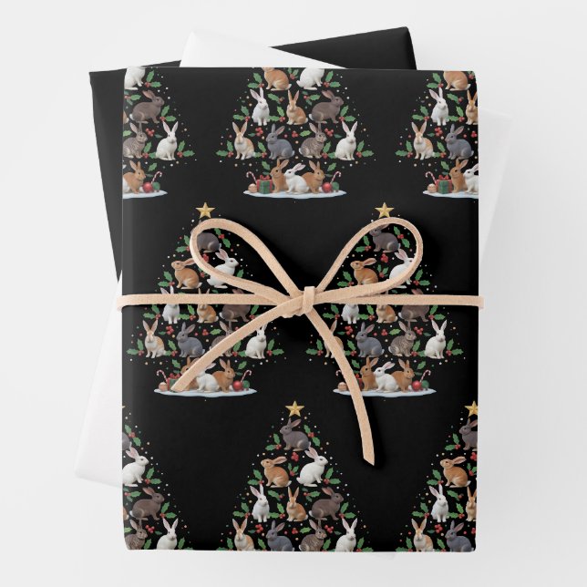 Bunny Rabbit Christmas Tree Lights Pet Animals Wrapping Paper Sheet (In situ)