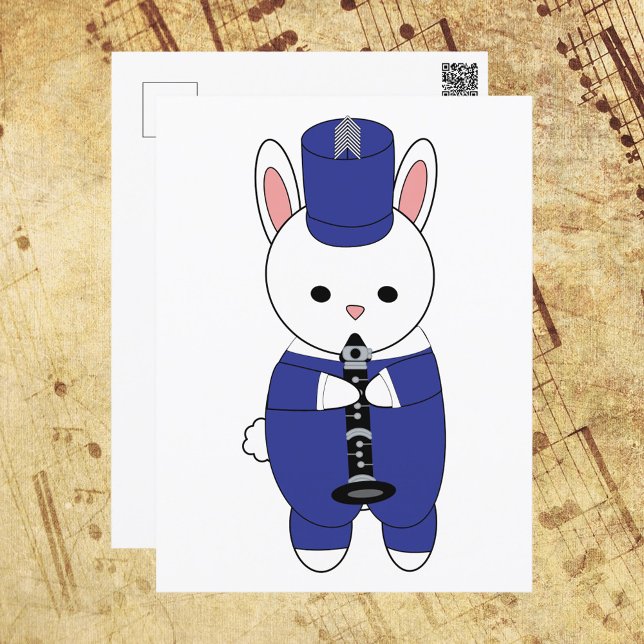 Bunny Rabbit Clarinet Marching Band Blue White Postcard (A cute postcard with a rabbit playing the clarinet in a blue and white marching band uniform.)