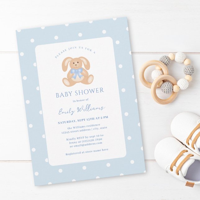 Bunny Rabbit Classic Polka Dots Boy Baby Shower Invitation (Creator Uploaded)