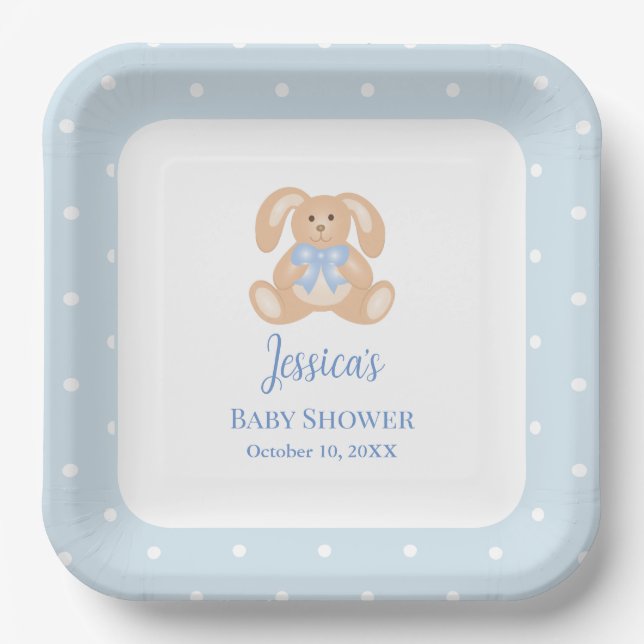 Bunny Rabbit Classic Polka Dots Boy Baby Shower Paper Plate (Front)