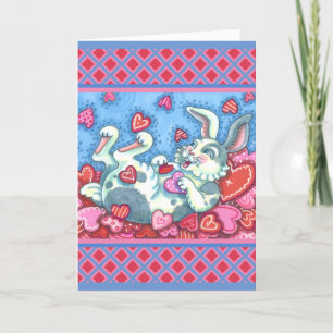 BUNNY RABBIT & COLORFUL HEARTS RAINING VALENTINES HOLIDAY CARD