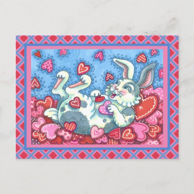 BUNNY RABBIT & COLORFUL HEARTS RAINING VALENTINES HOLIDAY POSTCARD (Front)