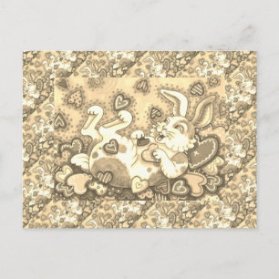BUNNY RABBIT & COLORFUL HEARTS RAINING VALENTINES HOLIDAY POSTCARD