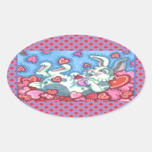 BUNNY RABBIT & COLORFUL HEARTS RAINING VALENTINES OVAL STICKER