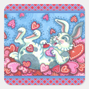 BUNNY RABBIT & COLORFUL HEARTS RAINING VALENTINES SQUARE STICKER
