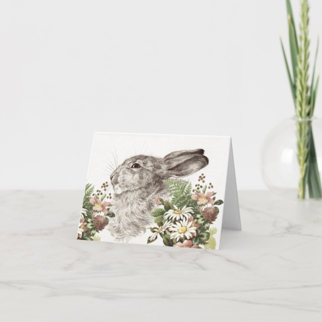 Bunny Rabbit Easter Daisy Flower Fern Spring  Holiday Card (Front)