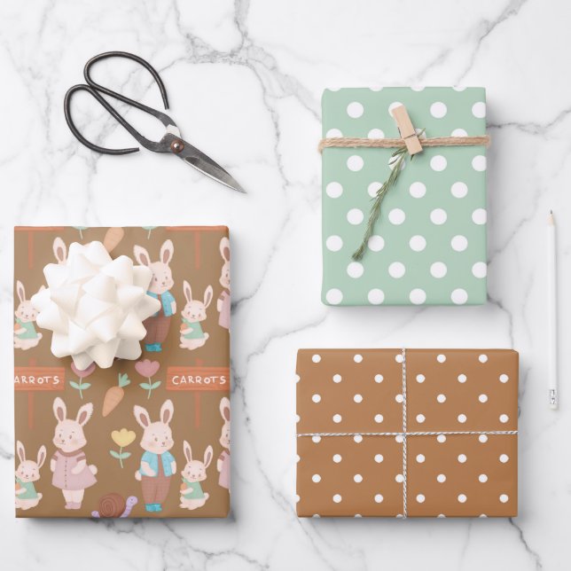 Bunny Rabbit Family Carrots and Spotty Pattern Wrapping Paper Sheet (Front)