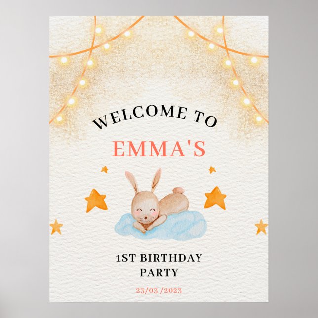 Bunny rabbit first birthday, Value Poster Paper (Front)