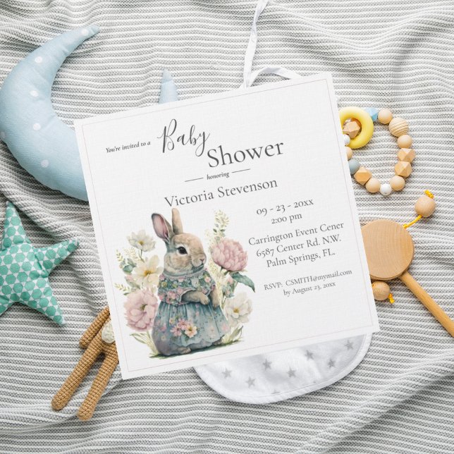 Bunny Rabbit Floral Baby Girl Shower Invitation (Creator Uploaded)
