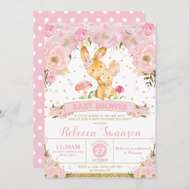 Bunny Rabbit Floral Baby Shower Invitation Girl (Front/Back)