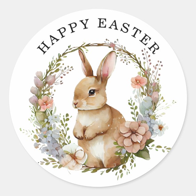 Bunny Rabbit Floral Wreath Easter Classic Round Sticker (Front)