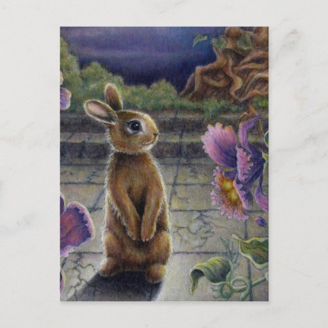 Bunny Rabbit & Flowers Night Dreaming Postcard (Front)