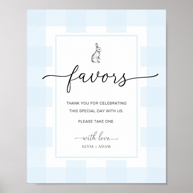 Bunny Rabbit Gingham Blue Gingham Favours Sign (Front)