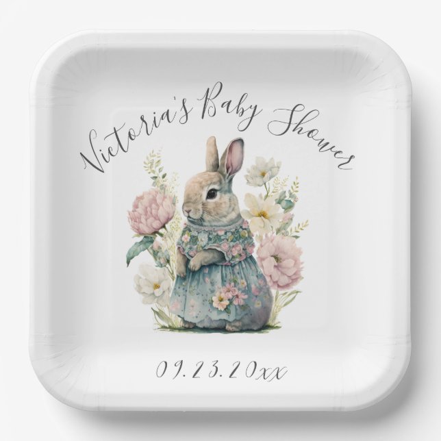 Bunny Rabbit Girl Baby Shower Paper Plates (Front)