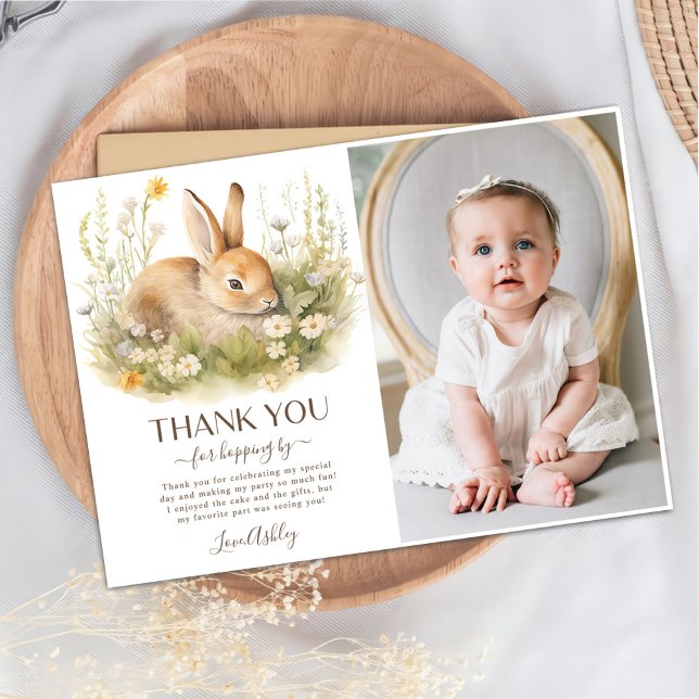 Bunny Rabbit Girl Birthday Party Photo Thank You Card (Creator Uploaded)