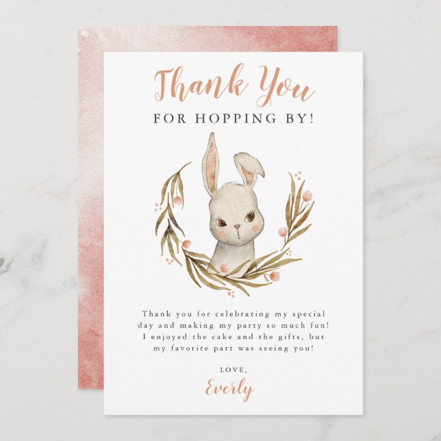 Bunny Rabbit Girl Birthday Party Thank You Card (Front/Back)