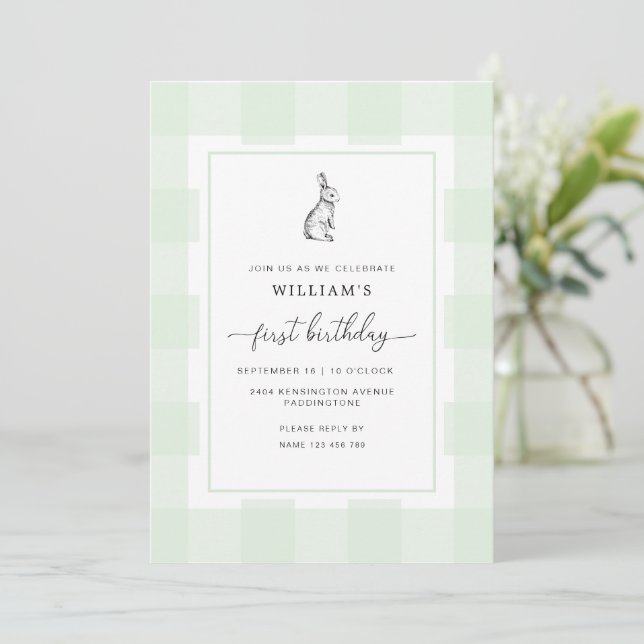 Bunny Rabbit Green Gingham 1st Birthday Invitation (Standing Front)