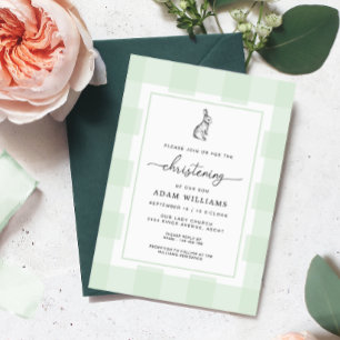 Bunny Rabbit Green Gingham Christening Invitation