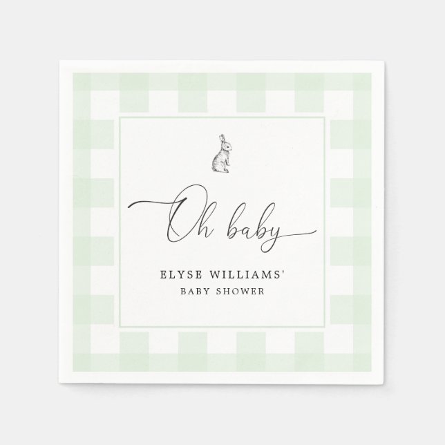 Bunny Rabbit Green Gingham Oh Baby Paper Napkin (Front)