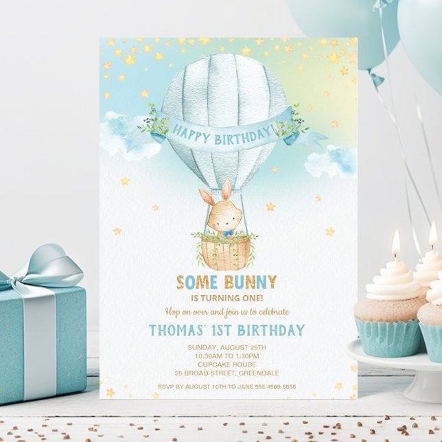 Bunny Rabbit Hot Air Balloon 1st Birthday Boy Invitation (Creator Uploaded)