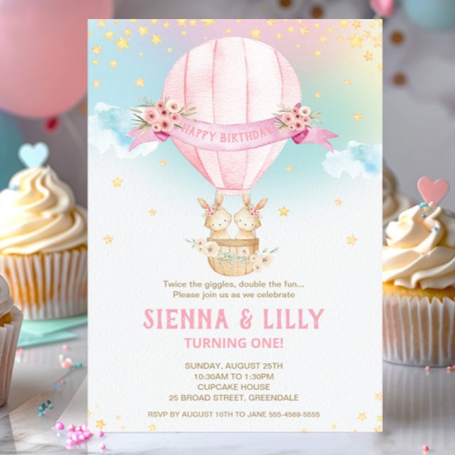 Bunny Rabbit Hot Air Balloon 1st Birthday Twins  Invitation (Creator Uploaded)