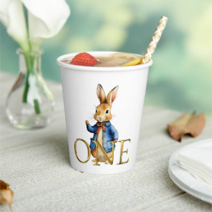 Bunny Rabbit in blue jacket First Birthday Paper Cups