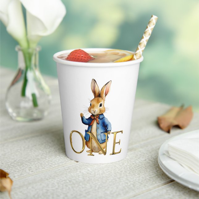 Bunny Rabbit in blue jacket First Birthday Paper Cups (Insitu)