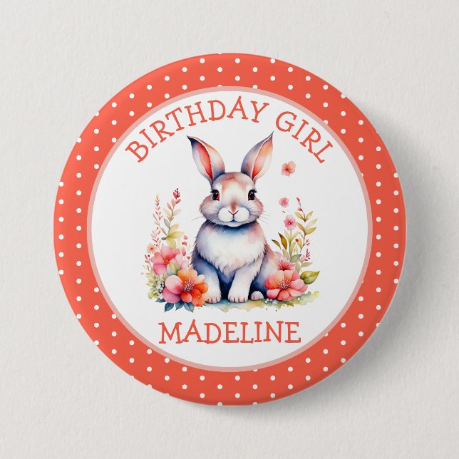Bunny Rabbit in Flowers Happy Birthday Personalise 7.5 Cm Round Badge (Front)
