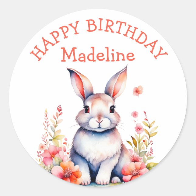 Bunny Rabbit in Flowers Happy Birthday Personalise Classic Round Sticker (Front)