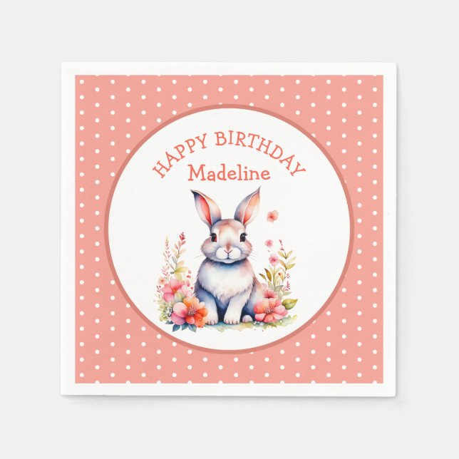 Bunny Rabbit in Flowers Happy Birthday Personalise Napkin (Front)