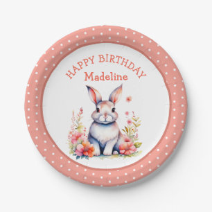Bunny Rabbit in Flowers Happy Birthday Personalise Paper Plate