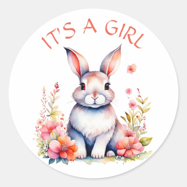 Bunny Rabbit in Flowers It's a Girl Baby Shower Classic Round Sticker (Front)