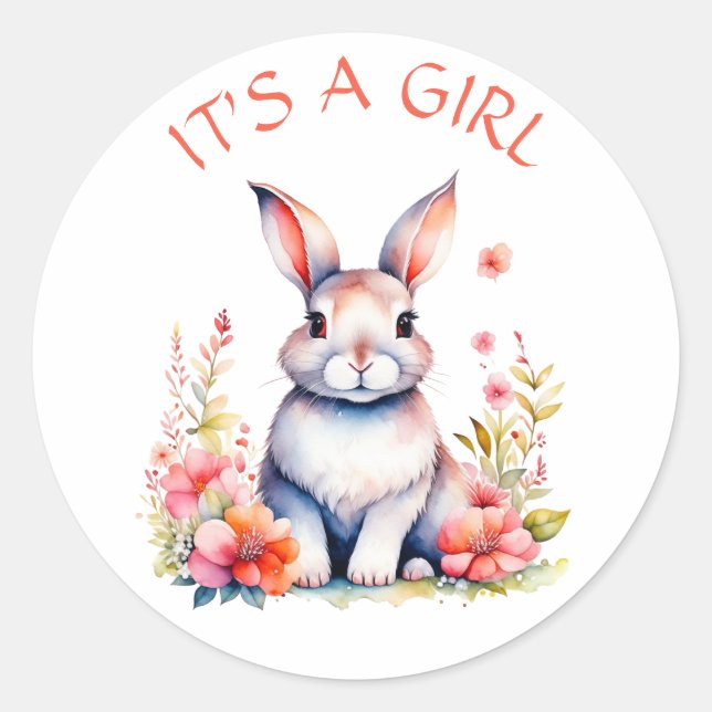 Bunny Rabbit in Flowers It's a Girl Baby Shower Classic Round Sticker (Front)