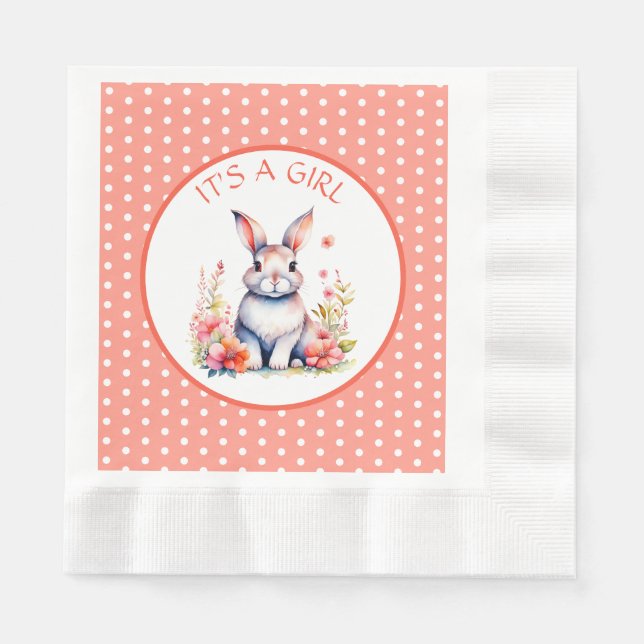 Bunny Rabbit in Flowers It's a Girl Baby Shower Napkin (Front)