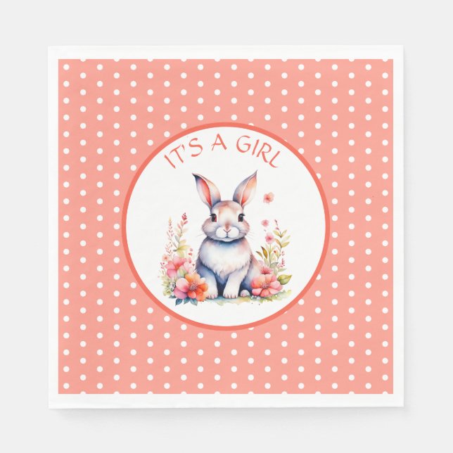 Bunny Rabbit in Flowers It's a Girl Baby Shower Napkin (Front)