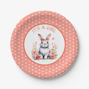 Bunny Rabbit in Flowers It's a Girl Baby Shower Paper Plate