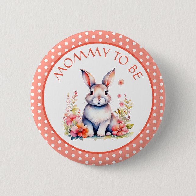 Bunny Rabbit in Flowers Mummy to Be Baby Shower 6 Cm Round Badge (Front)