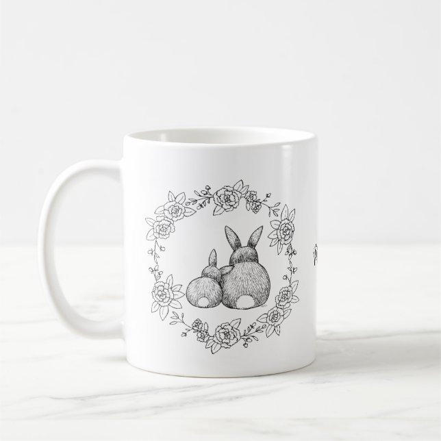 Bunny Rabbit Ink Drawing monochrome custom name Coffee Mug (Left)