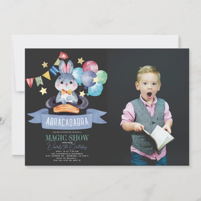 Bunny Rabbit Magic Show Blk Boy Birthday Photo Invitation (Front)