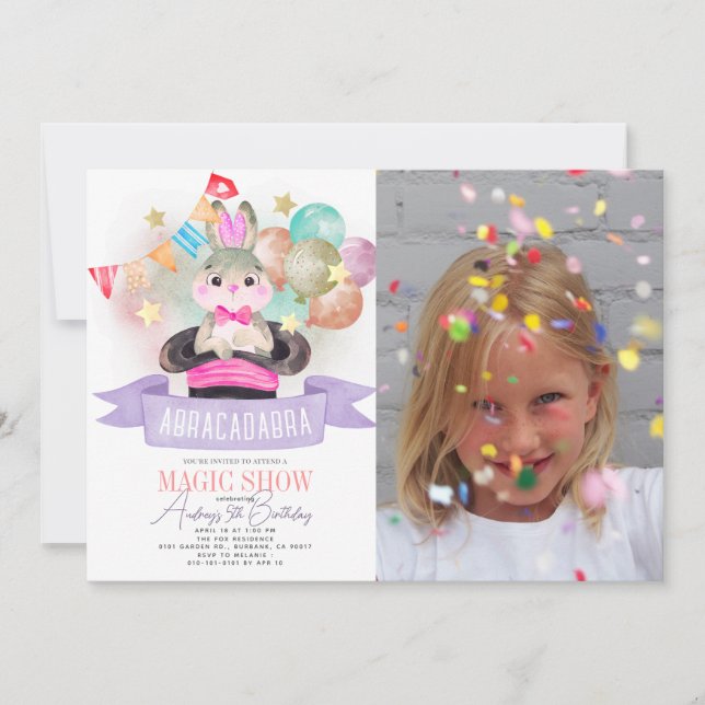 Bunny Rabbit Magic Show Girl Birthday Photo Invitation (Front)