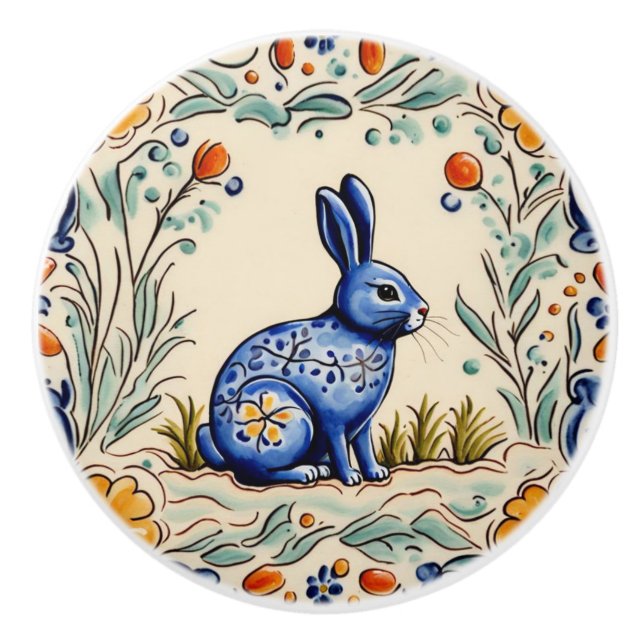 Bunny Rabbit Mediterranean Folk Animal Art Ceramic Knob (Front)