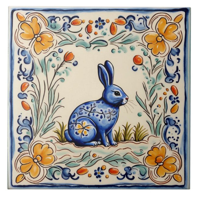Bunny Rabbit Mediterranean Folk Animal Art Ceramic Tile (Front)