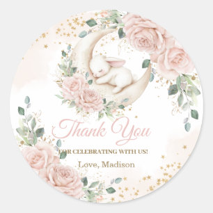 Bunny Rabbit Moon Pink Blush Floral Baby Shower Classic Round Sticker