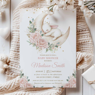 Bunny Rabbit Moon Pink Blush Floral Baby Shower Invitation