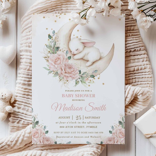 Bunny Rabbit Moon Pink Blush Floral Baby Shower Invitation (Creator Uploaded)