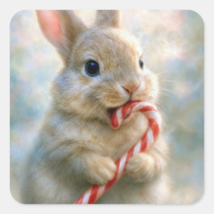 Bunny Rabbit Nibbling On a Candy Cane Square Sticker